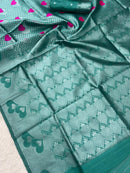 Elegant dark sky bule Silk Saree with Silver Zari Heart Motifs & Cyan Accents