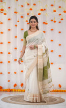 Elegant Ivory White Cotton Saree with Olive Green Border – Minimal Festive Look