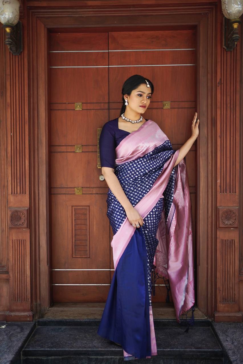 Navy Blue and Baby Pink Banarasi Silk Saree with Woven Motifs