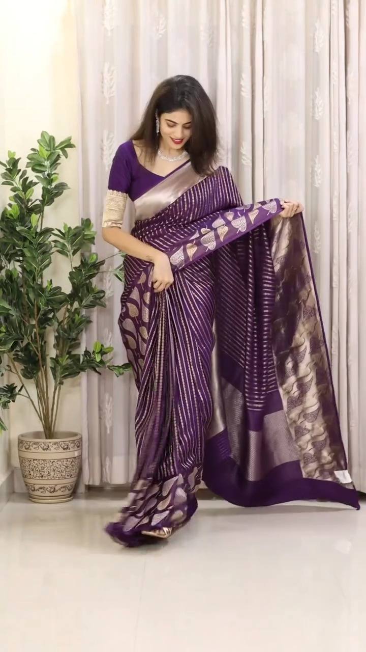Purple Banarasi Silk Saree with Heart Motif and Silver Zari Border