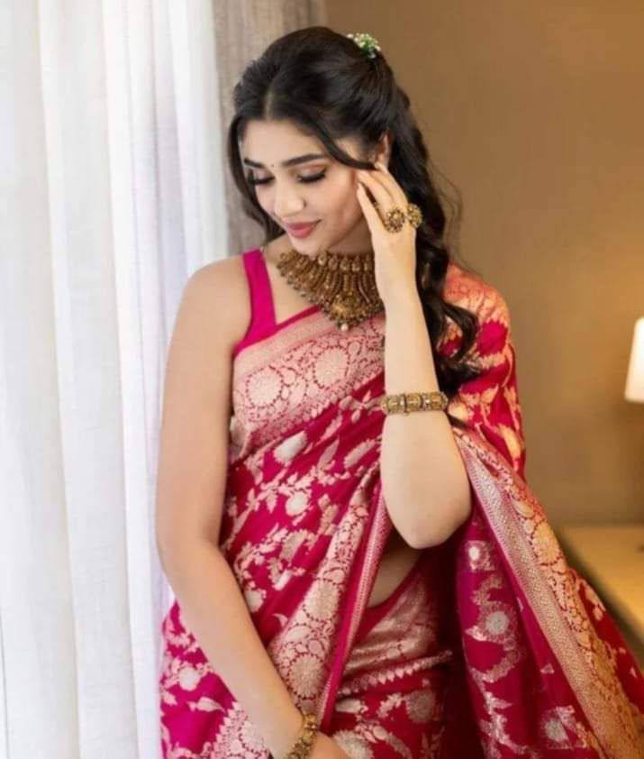 Rani Pink Banarasi Silk Saree with Gold Zari Floral Weaving