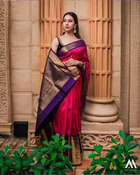Elegant Rani Pink Kanchipuram Style Silk Saree with Royal Purple Gold Zari Border