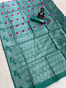 Elegant dark sky bule Silk Saree with Silver Zari Heart Motifs & Cyan Accents