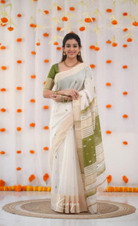Elegant Ivory White Cotton Saree with Olive Green Border – Minimal Festive Look