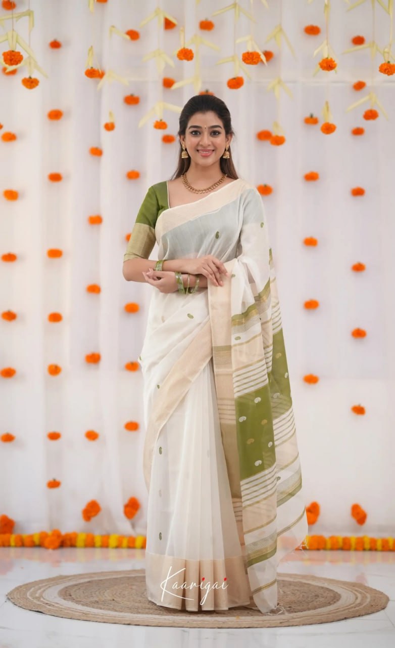 Elegant Ivory White Cotton Saree with Olive Green Border – Minimal Festive Look