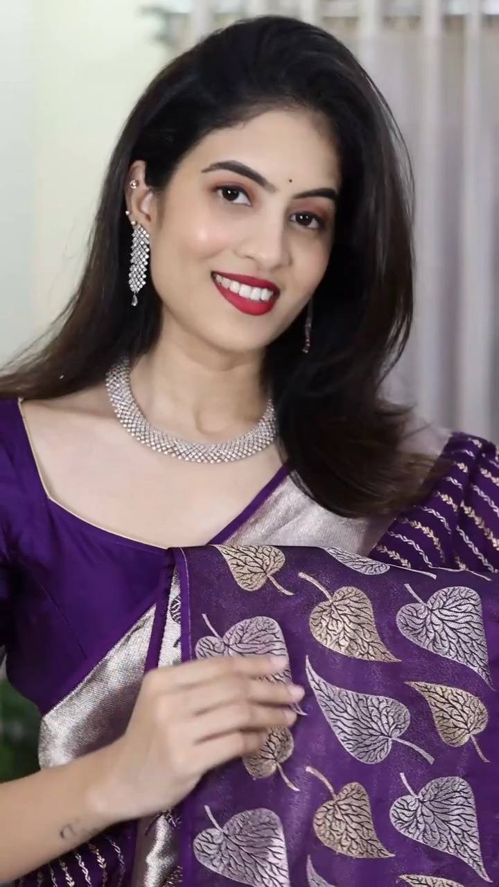 Purple Banarasi Silk Saree with Heart Motif and Silver Zari Border