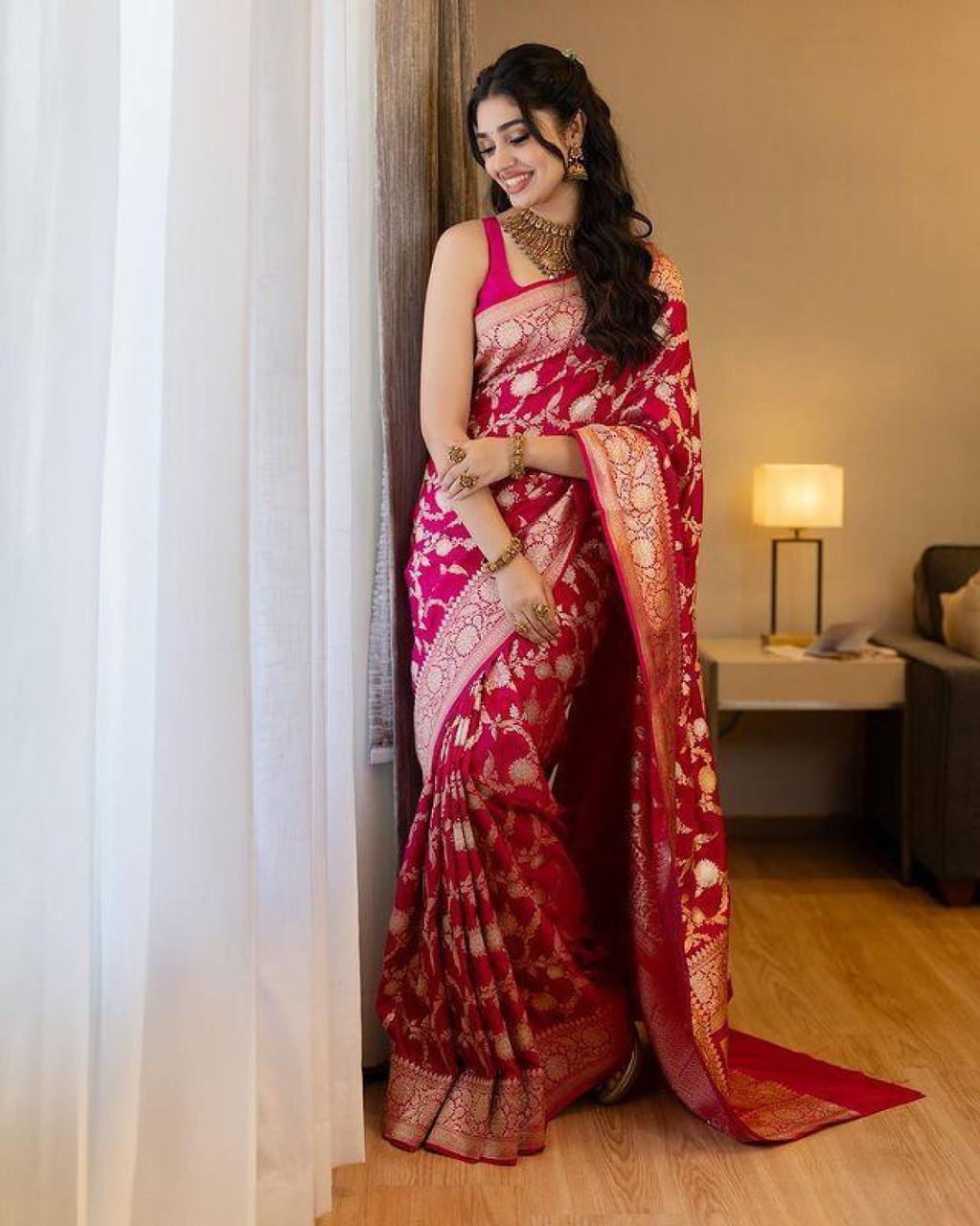 Rani Pink Banarasi Silk Saree with Gold Zari Floral Weaving
