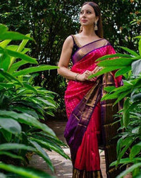 Elegant Rani Pink Kanchipuram Style Silk Saree with Royal Purple Gold Zari Border