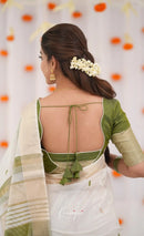 Elegant Ivory White Cotton Saree with Olive Green Border – Minimal Festive Look