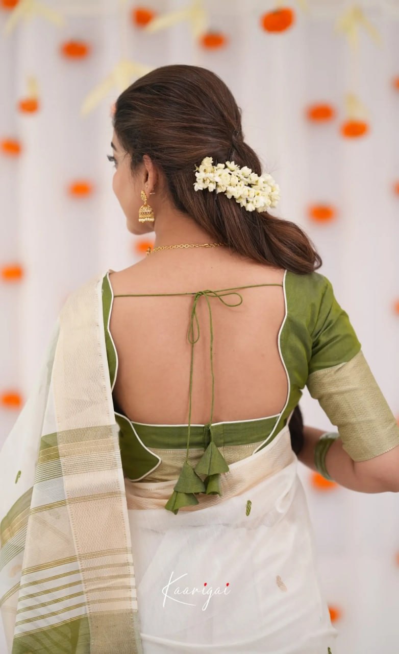 Elegant Ivory White Cotton Saree with Olive Green Border – Minimal Festive Look