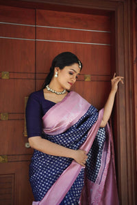 Navy Blue and Baby Pink Banarasi Silk Saree with Woven Motifs