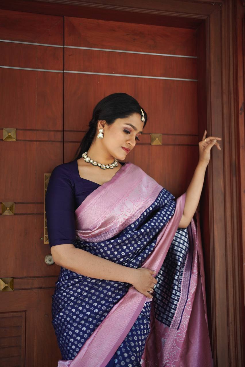 Navy Blue and Baby Pink Banarasi Silk Saree with Woven Motifs