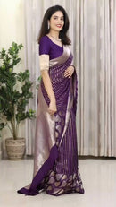 Purple Banarasi Silk Saree with Heart Motif and Silver Zari Border