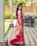 Rani Pink Banarasi Silk Saree with Gold Zari Floral Weaving
