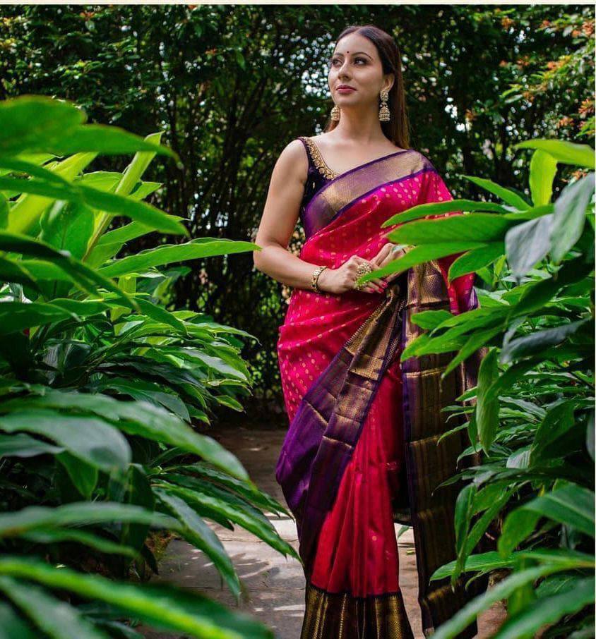 Elegant Rani Pink Kanchipuram Style Silk Saree with Royal Purple Gold Zari Border