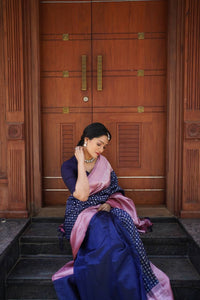 Navy Blue and Baby Pink Banarasi Silk Saree with Woven Motifs