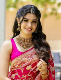 Rani Pink Banarasi Silk Saree with Gold Zari Floral Weaving