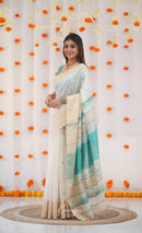 Ivory White & Sea Green Handloom Style Cotton Saree with Contrast Border