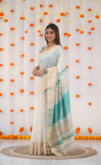 Ivory White & Sea Green Handloom Style Cotton Saree with Contrast Border