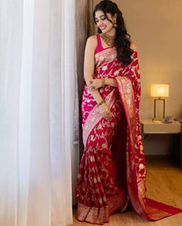 Rani Pink Banarasi Silk Saree with Gold Zari Floral Weaving