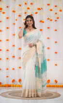 Ivory White & Sea Green Handloom Style Cotton Saree with Contrast Border