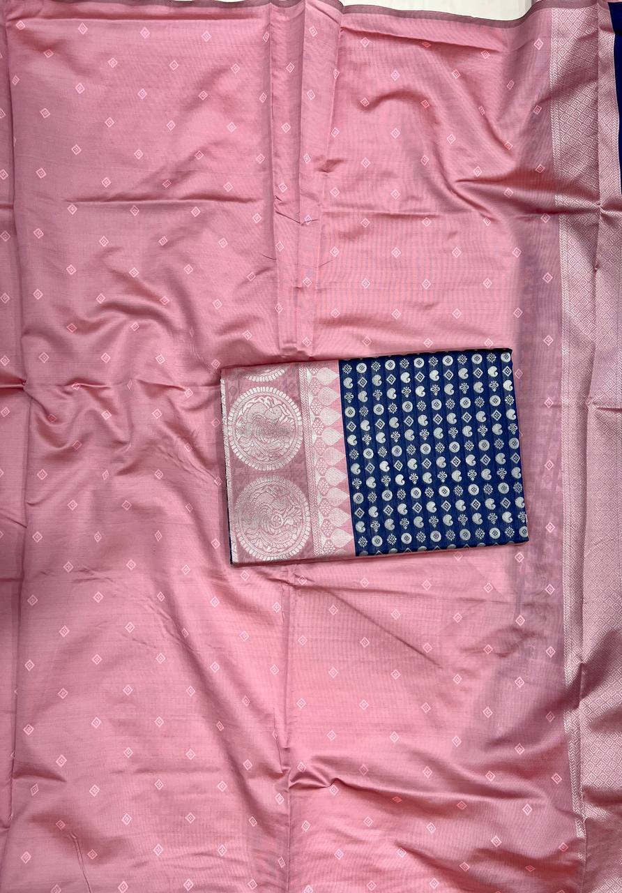 Navy Blue and Baby Pink Banarasi Silk Saree with Woven Motifs