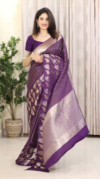 Purple Banarasi Silk Saree with Heart Motif and Silver Zari Border