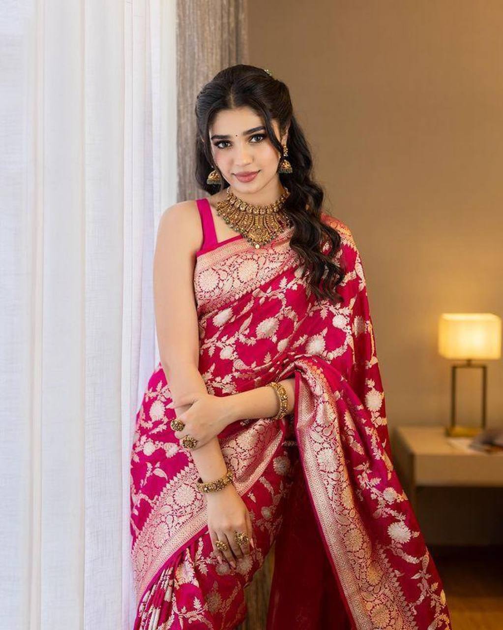 Rani Pink Banarasi Silk Saree with Gold Zari Floral Weaving
