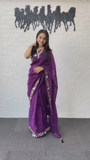 Lavender Linen Silk Saree with Floral Embroidered Border