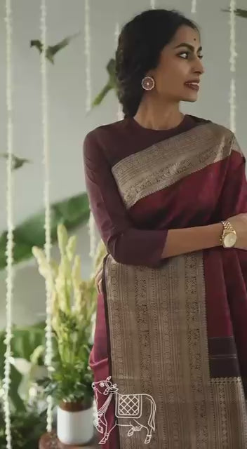 Elegant Wine Cotton Silk Saree with Antique Gold Woven Pallu & Traditional Border