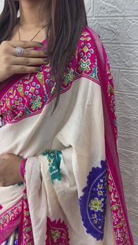 Ivory White Cotton Silk Saree with Patola Inspired Print & Royal Blue Border