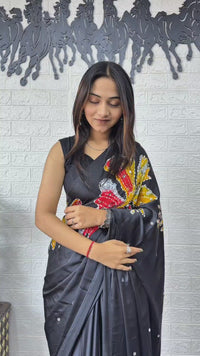 Charcoal Black Soft Silk Saree with Vibrant Artistic Floral Designer Print