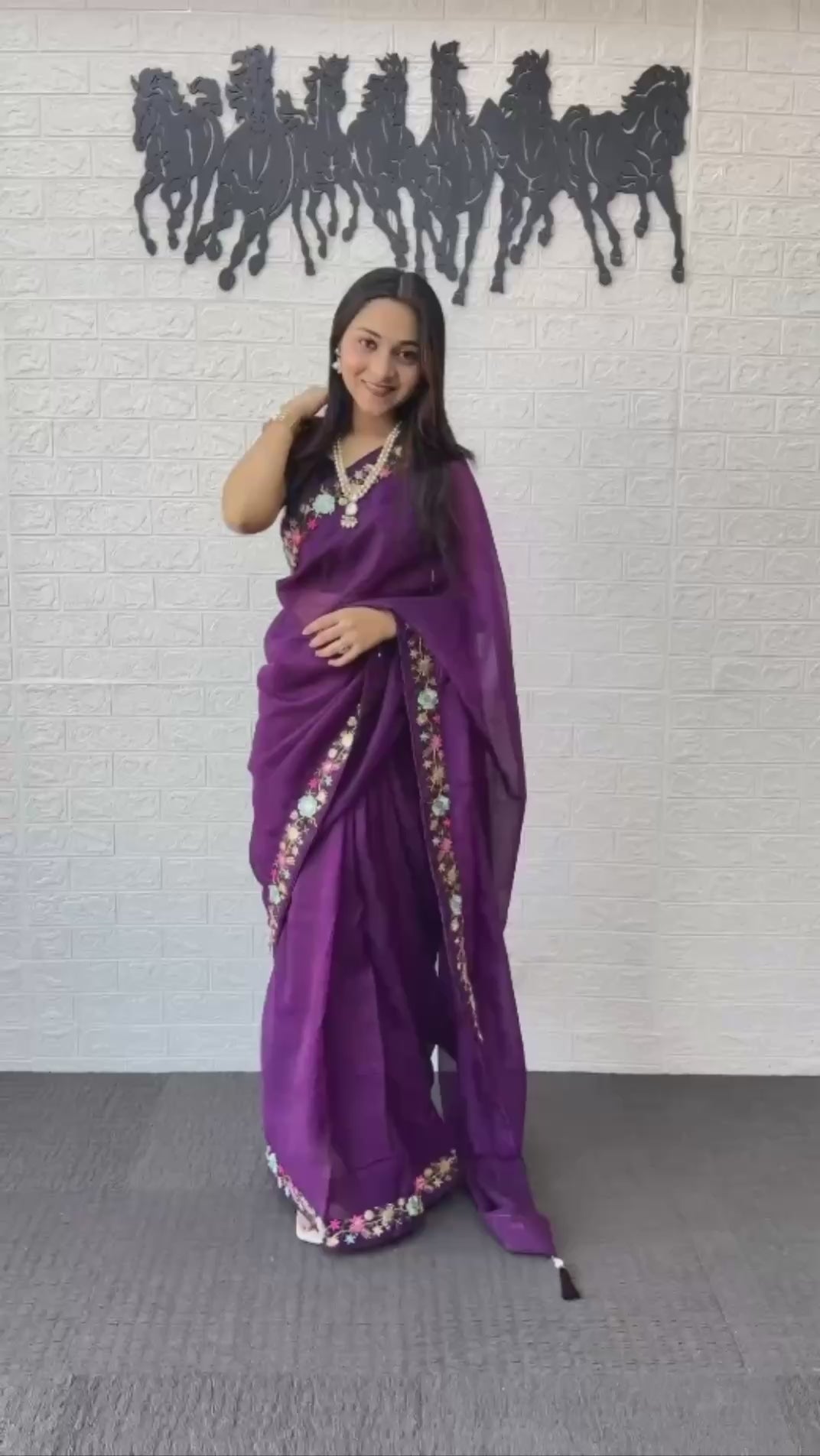 Powder Blue Linen Silk Saree with Floral Embroidered Border