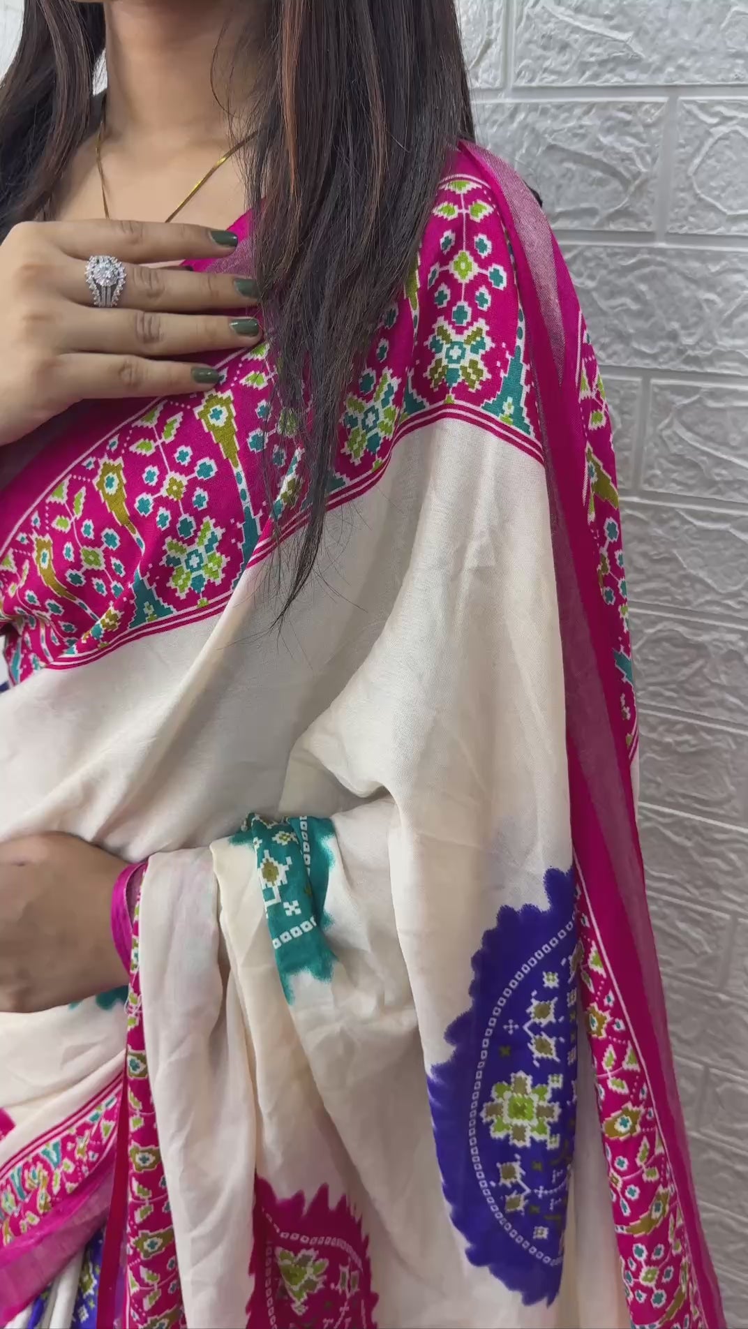 Ivory White Cotton Silk Saree with Traditional Patola Inspired Print & Yellow Border