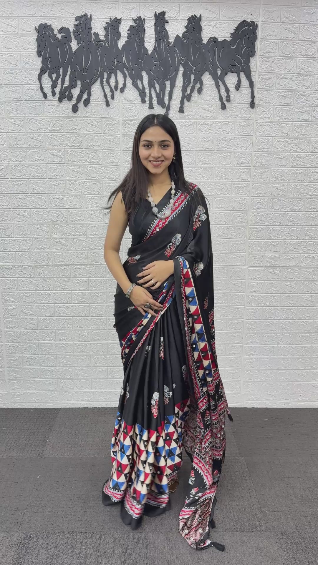 Elegant Black Soft Silk Saree with Geometric Border & Artistic Ethnic Print
