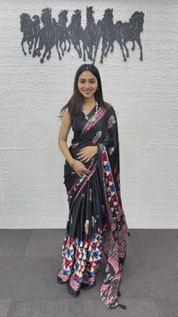 Elegant Black Soft Silk Saree with Geometric Border & Artistic Ethnic Print