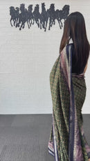 Elegant Forest Green Cotton Silk Saree with Vintage Floral Print & Designer Pallu