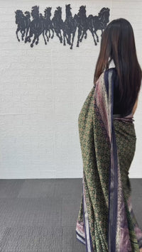 Elegant Forest Green Cotton Silk Saree with Vintage Floral Print & Designer Pallu