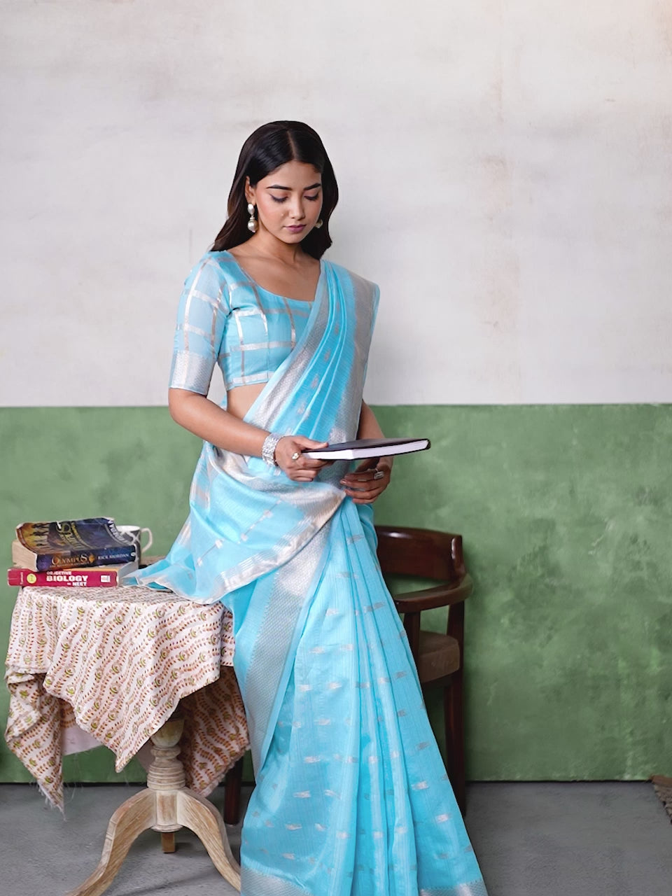 Aqua Blue Banarasi Silk Saree with Silver Zari Weaving