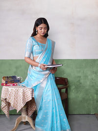 Aqua Blue Banarasi Silk Saree with Silver Zari Weaving