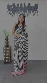 Black & White Striped Cotton Saree with Artistic Red Designer Pallu
