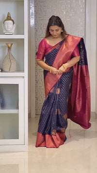 Navy Blue & Wine Banarasi Silk Saree with Antique Gold Zari Border