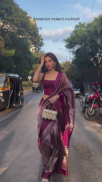 Wine Pink Tissue Silk Saree with Zari Stripes