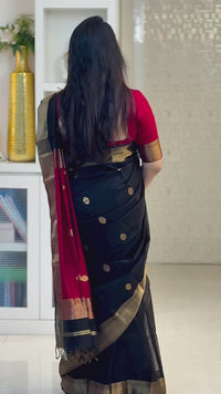 Elegant Black & Red Silk Saree with Gold Border