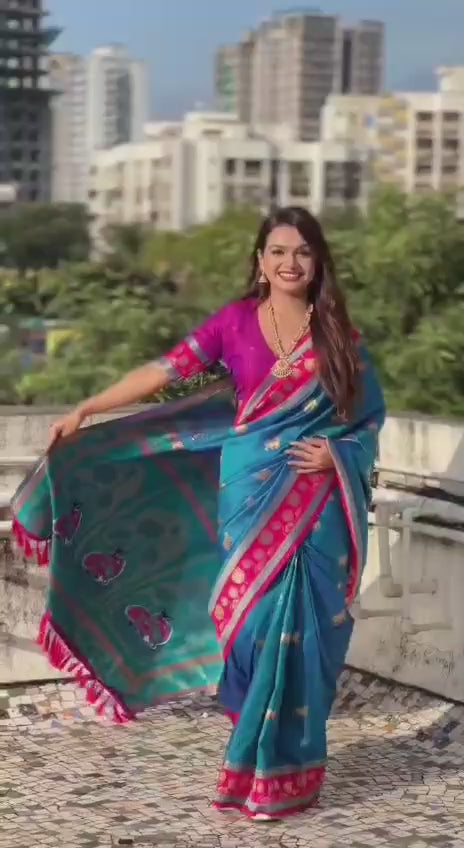 Teal Blue & Magenta Premium Luxury Silk Saree with Elephant Zari Motifs & Heavy Designer Border