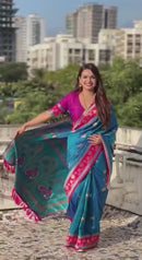 Teal Blue & Magenta Premium Luxury Silk Saree with Elephant Zari Motifs & Heavy Designer Border