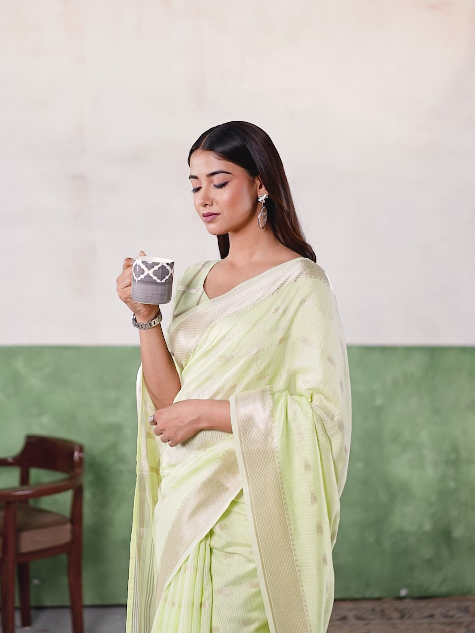 Pastel Lime Green Banarasi Silk Saree with Golden Zari Weaving