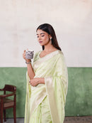 Pastel Lime Green Banarasi Silk Saree with Golden Zari Weaving