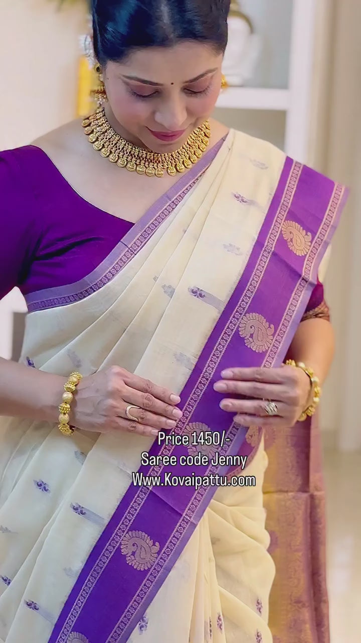 Ivory Cream Cotton Silk Saree with Purple Zari Border