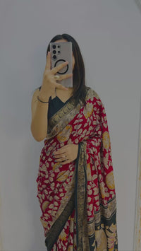Royal Crimson Mal Mal Silk Saree with Antique Gold Floral Zari Elegance